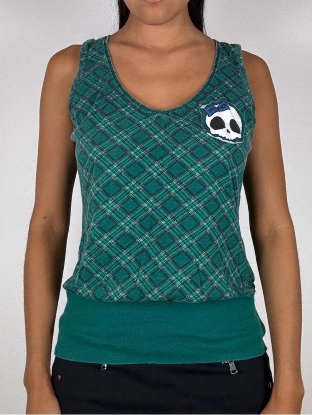 Y2k green plaid tank top with white skull graphic